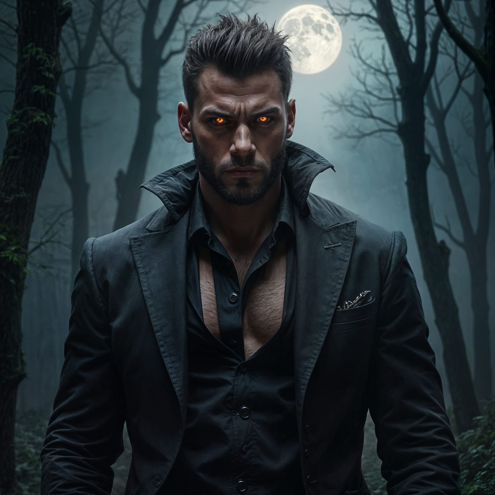 Handsome Lycan in Charcoal Suit Under Moonlight