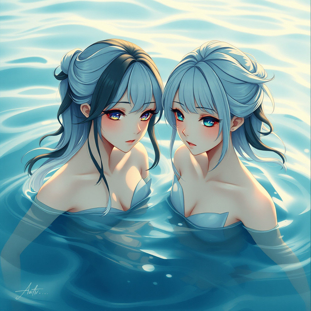 -  two beautiful anime girl walking in water, portrait, watery eyes, clear eyes, with cute - fine - face, pretty face, w...