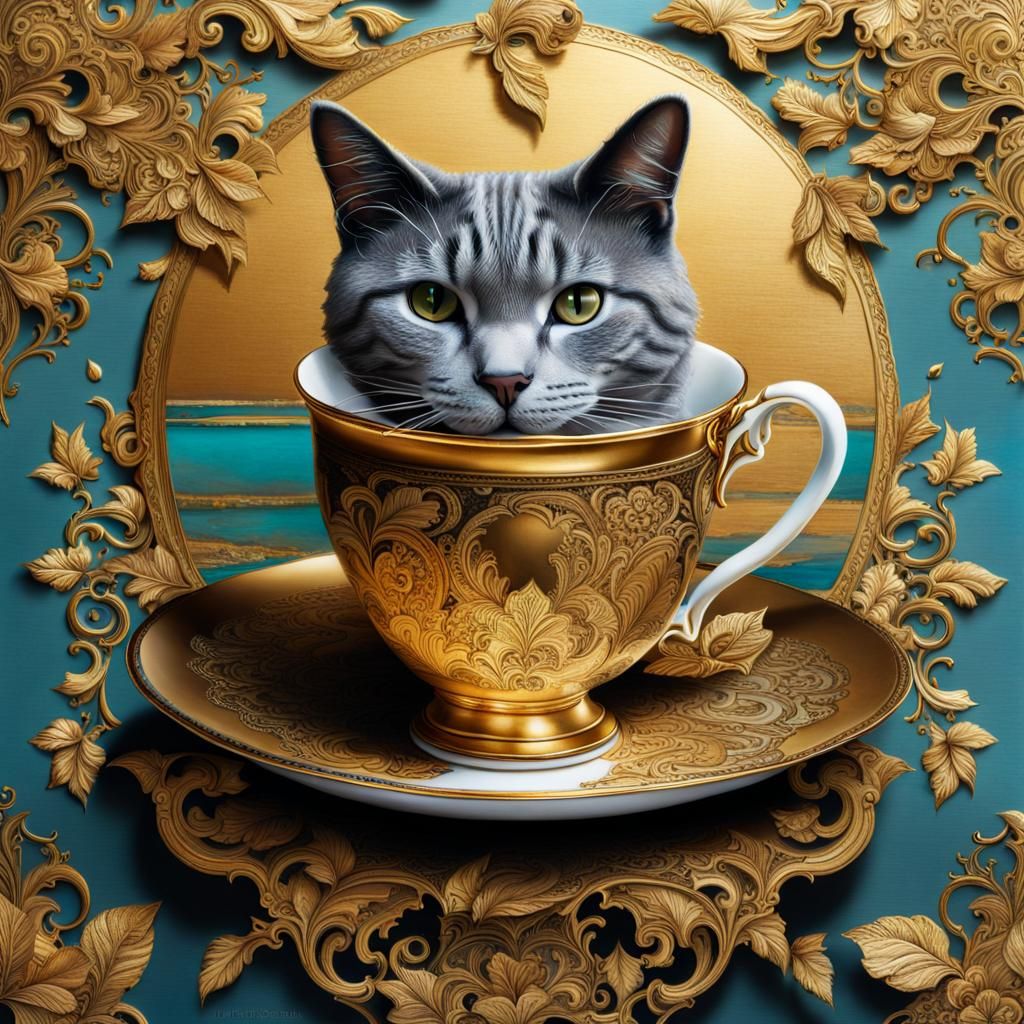 Rococo Cup of Tea with Cat and Book