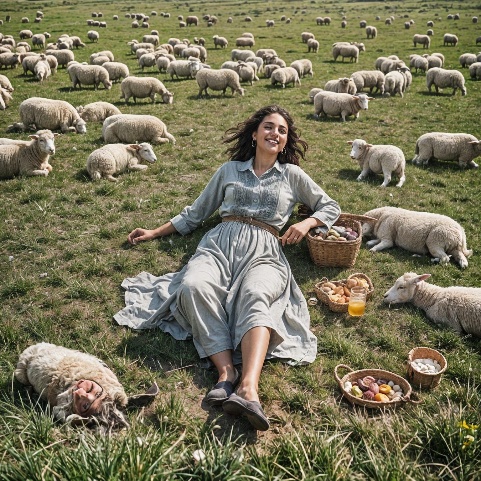 Woman's Relaxing Picnic with Sheep, Professional Photography