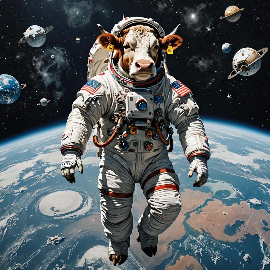 Cow Cosmonaut Drifting Through Space