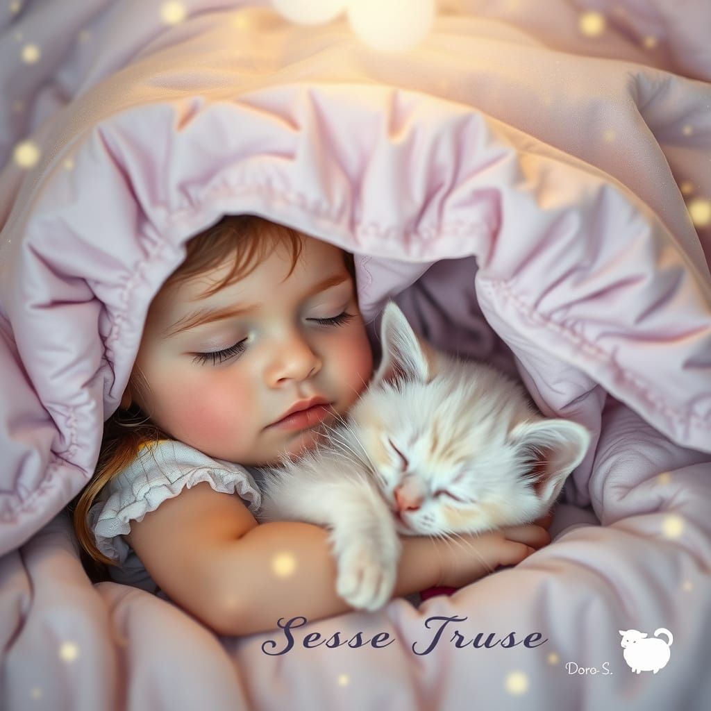 Girl and Kitten Asleep Under Starry Quilt