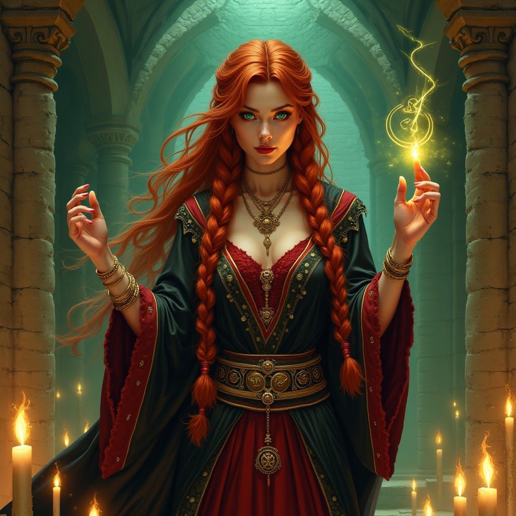 Magical Woman in Candlelit Sanctum, Digital Art