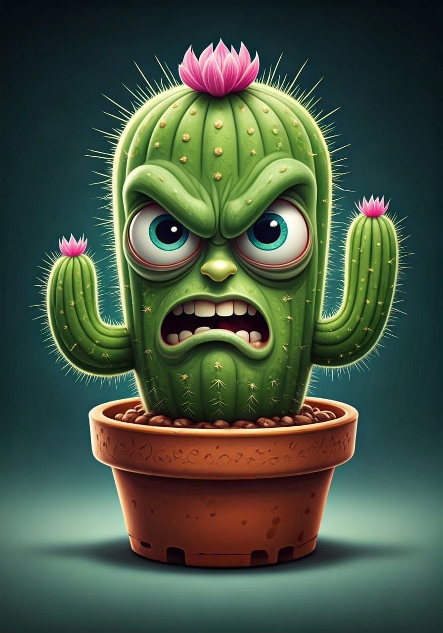 Funny Angry Cactus Caricature with Volumetric Lighting