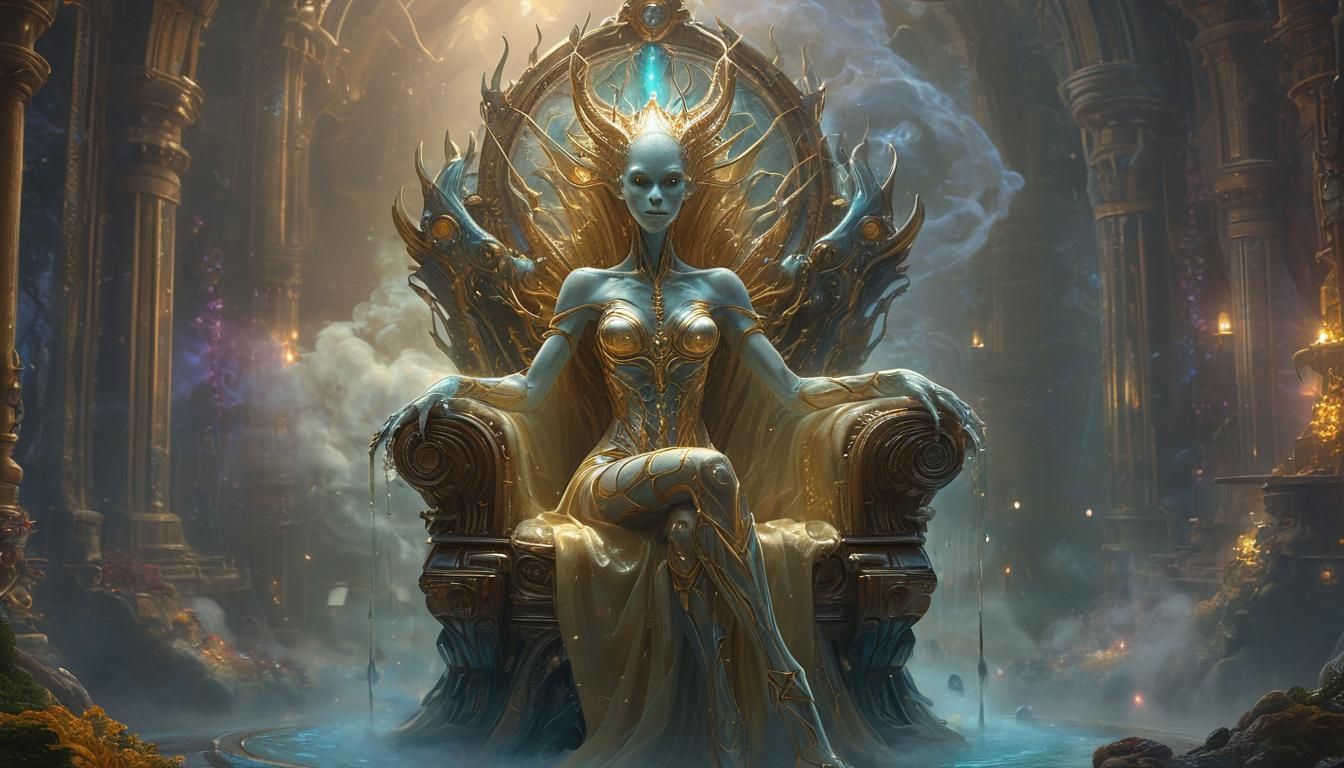 Alien Queen on Biomechanical Throne in Digital Art