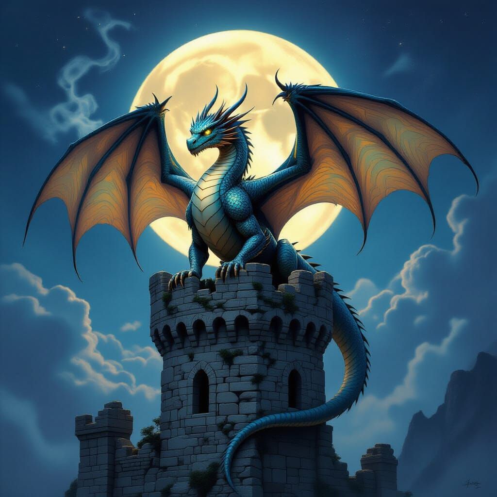 Majestic Dragon on Moonlit Tower in Fantasy Art Style