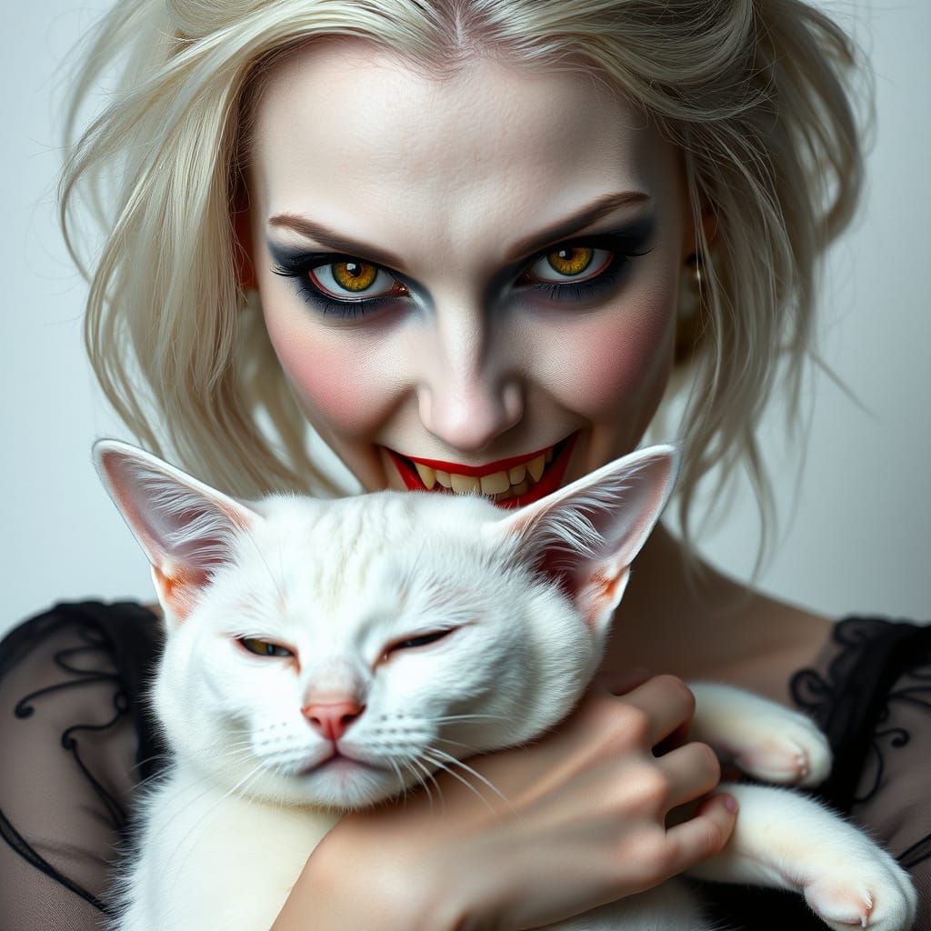 white portrait of an albino female vampire with fangs and a white cat against a white background photography