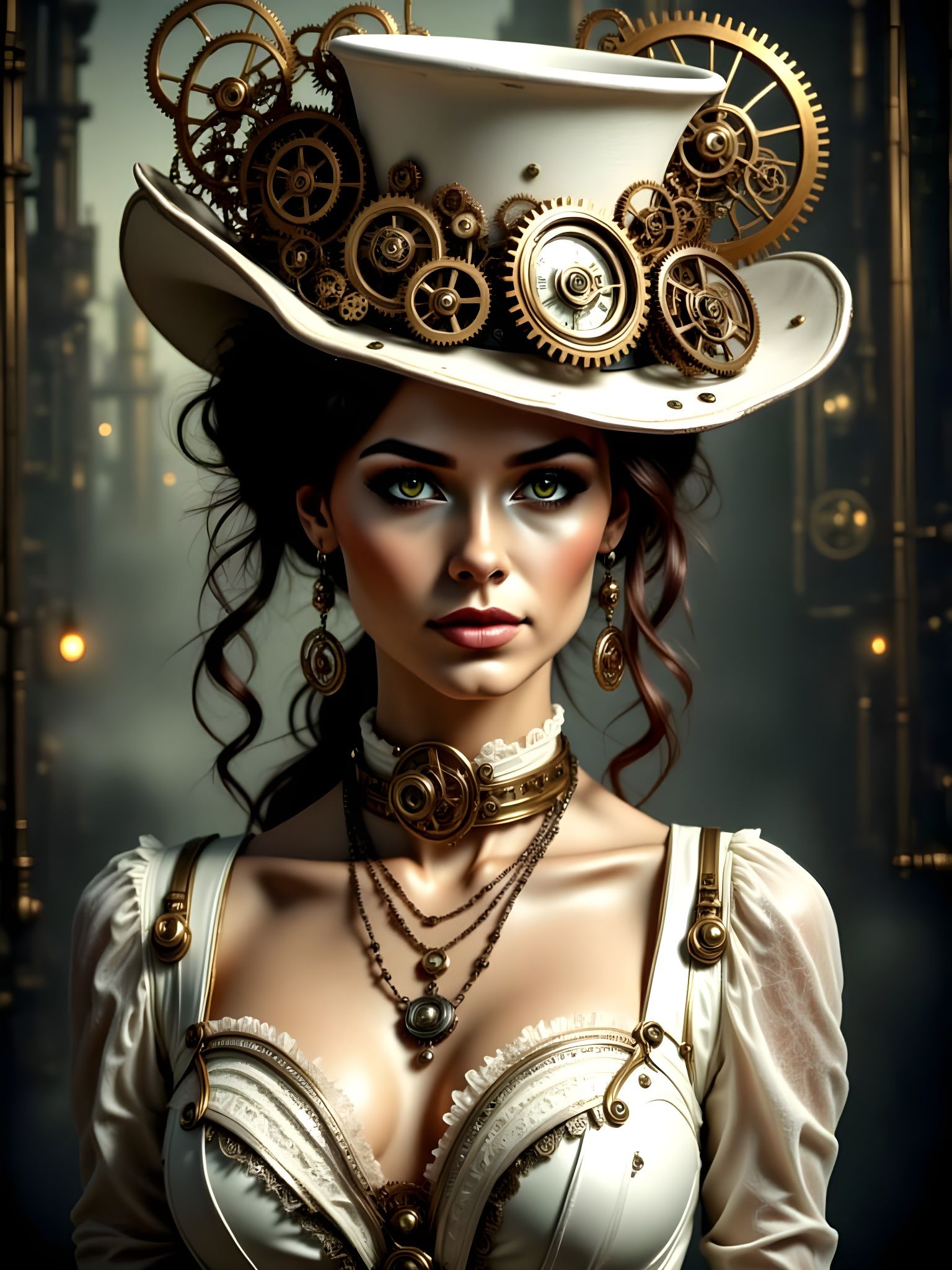 Steampunk Woman Portrait with Mechanical Headgear