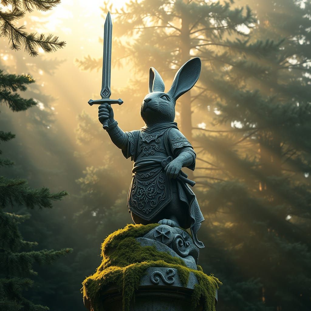 Stone Rabbit Statue in Misty Forest