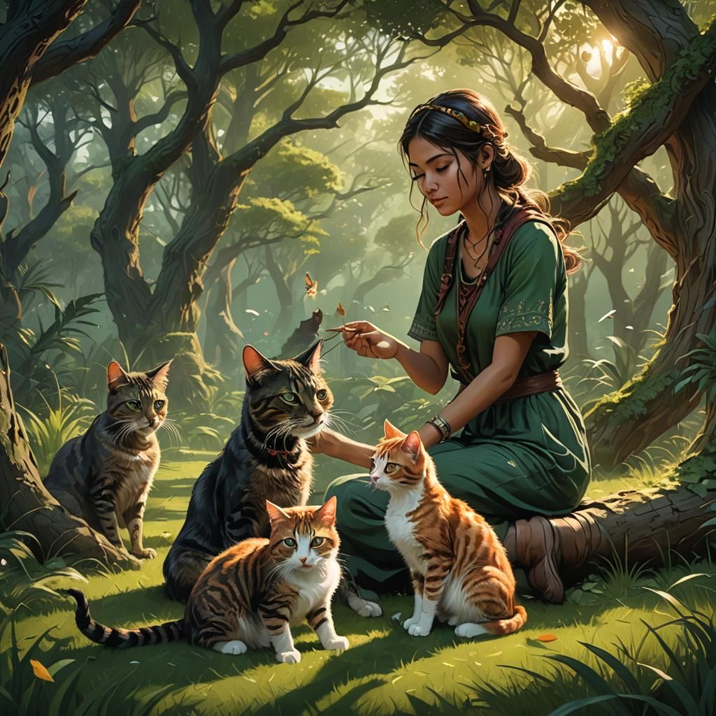 Girl and Cat Playing in Digital Illustration