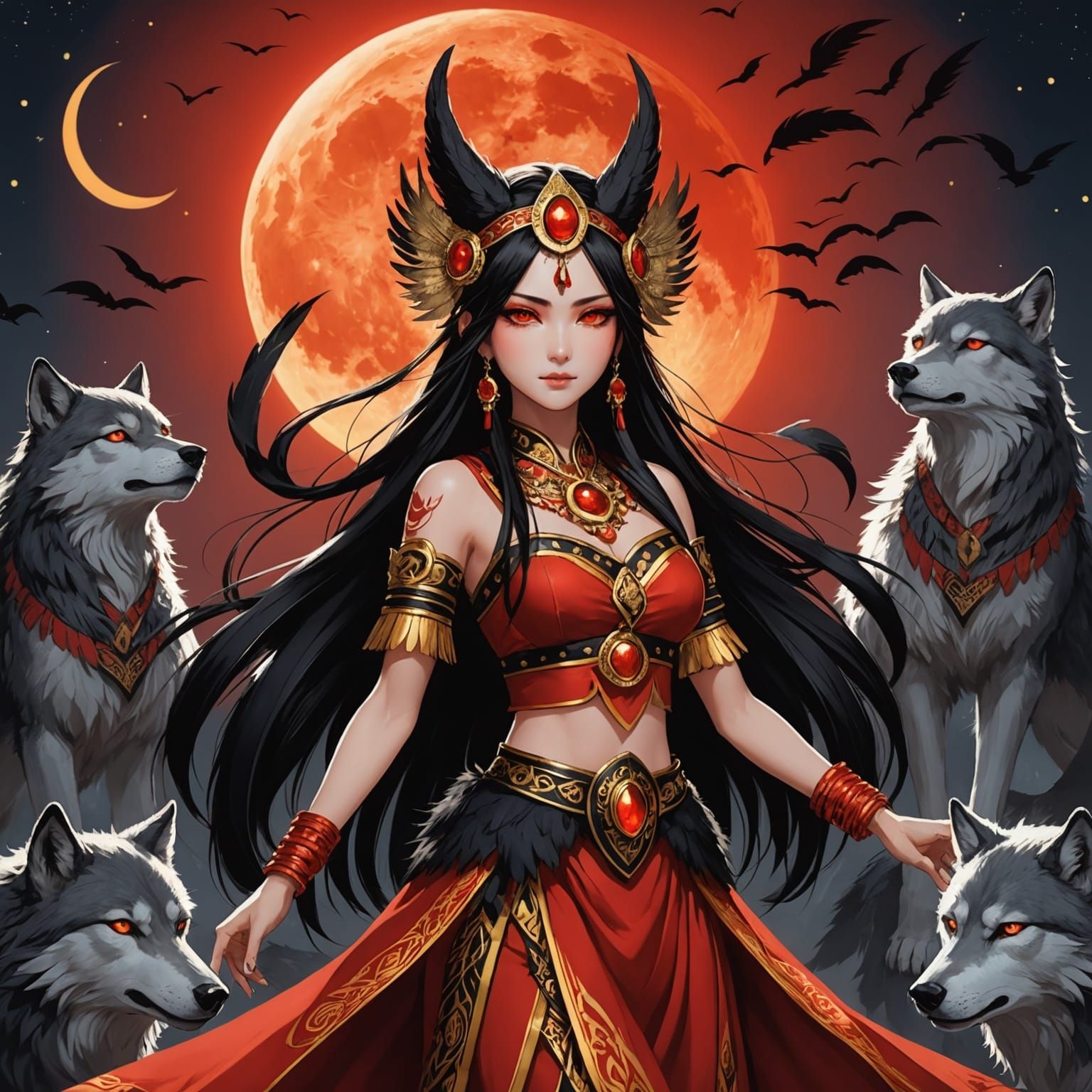 Shaman Woman Dancing with Wolves in Anime Style