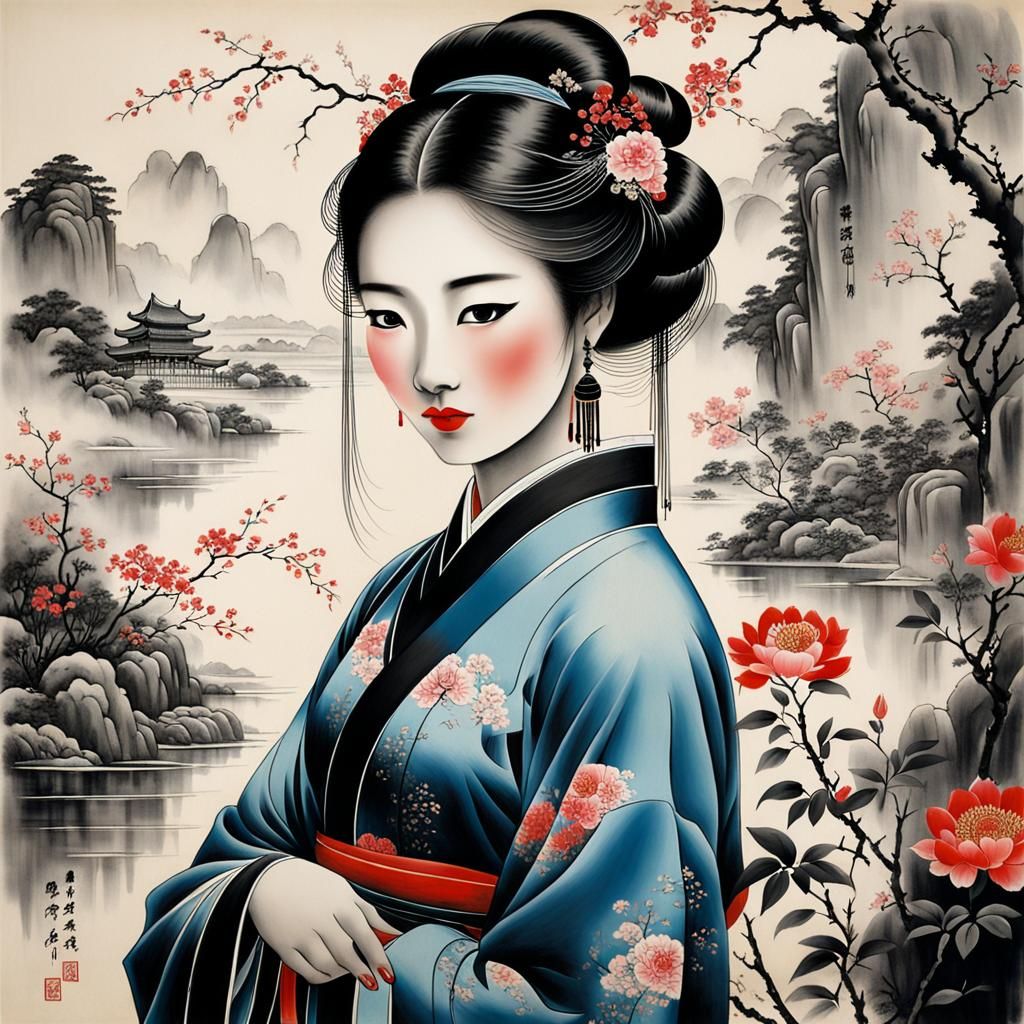 Elegant Chinese Painting of a Woman in Traditional Dress