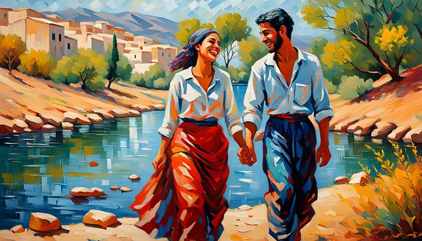 Algerian Lovers: An Oil Painting in Expressionist Style