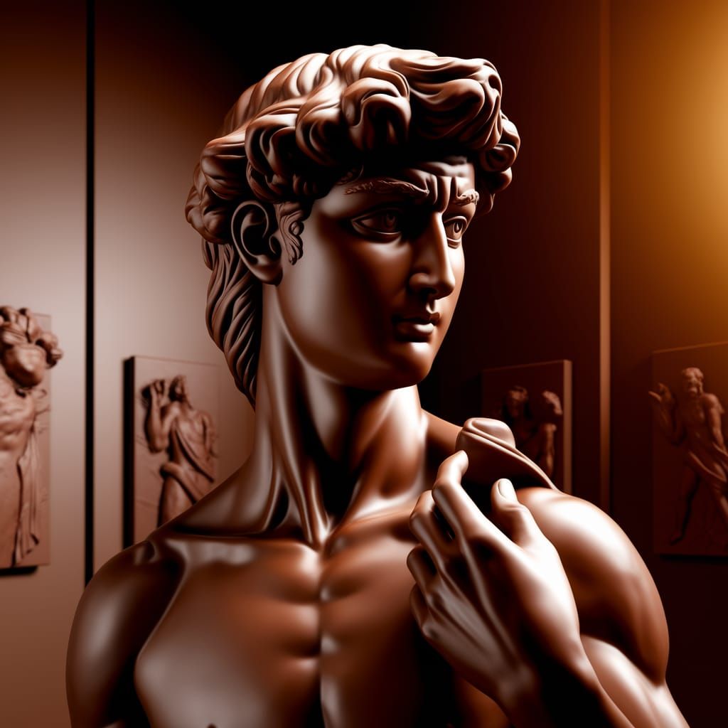 Chocolate David Sculpture in Warmly Lit Studio