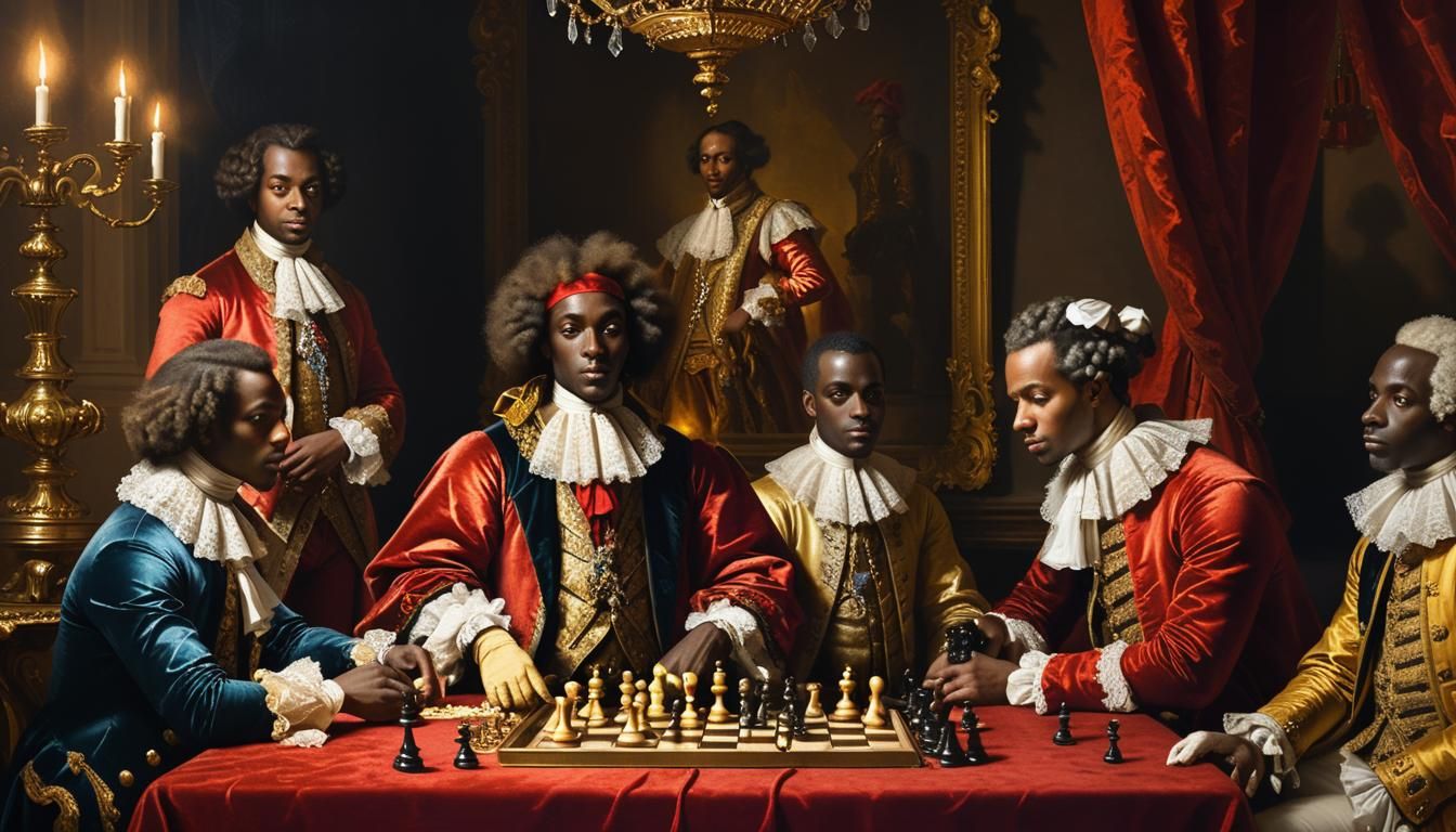 Nubian Royals Play Chess: Baroque Oil Painting