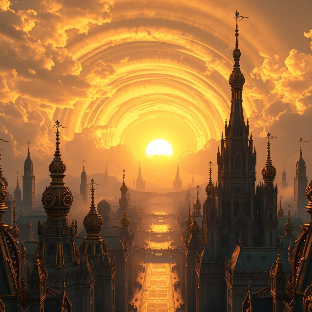 Golden Sunrise Illuminates Majestic Cityscape Amidst Vortex...