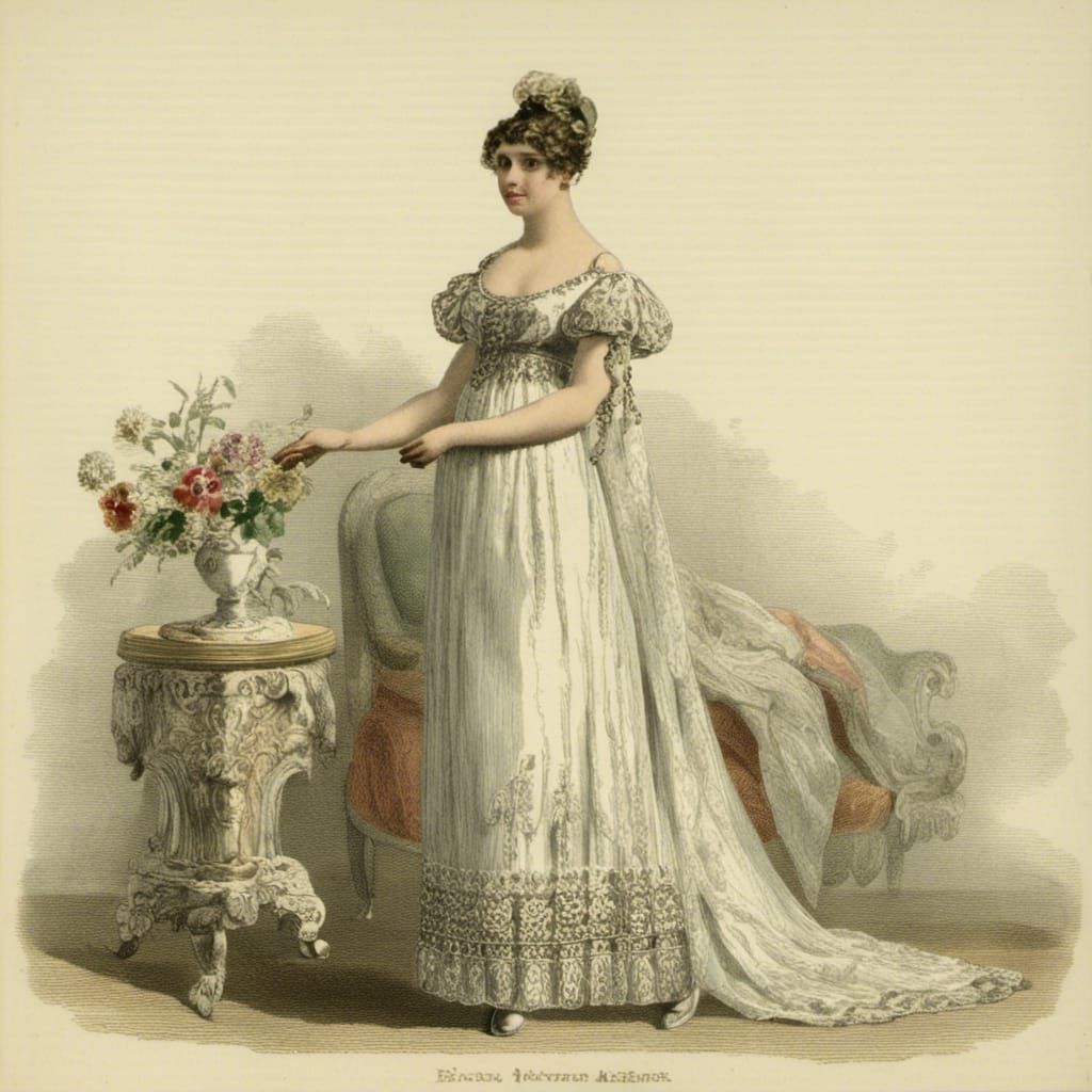 Girl in Embroidered Gown in Ballroom