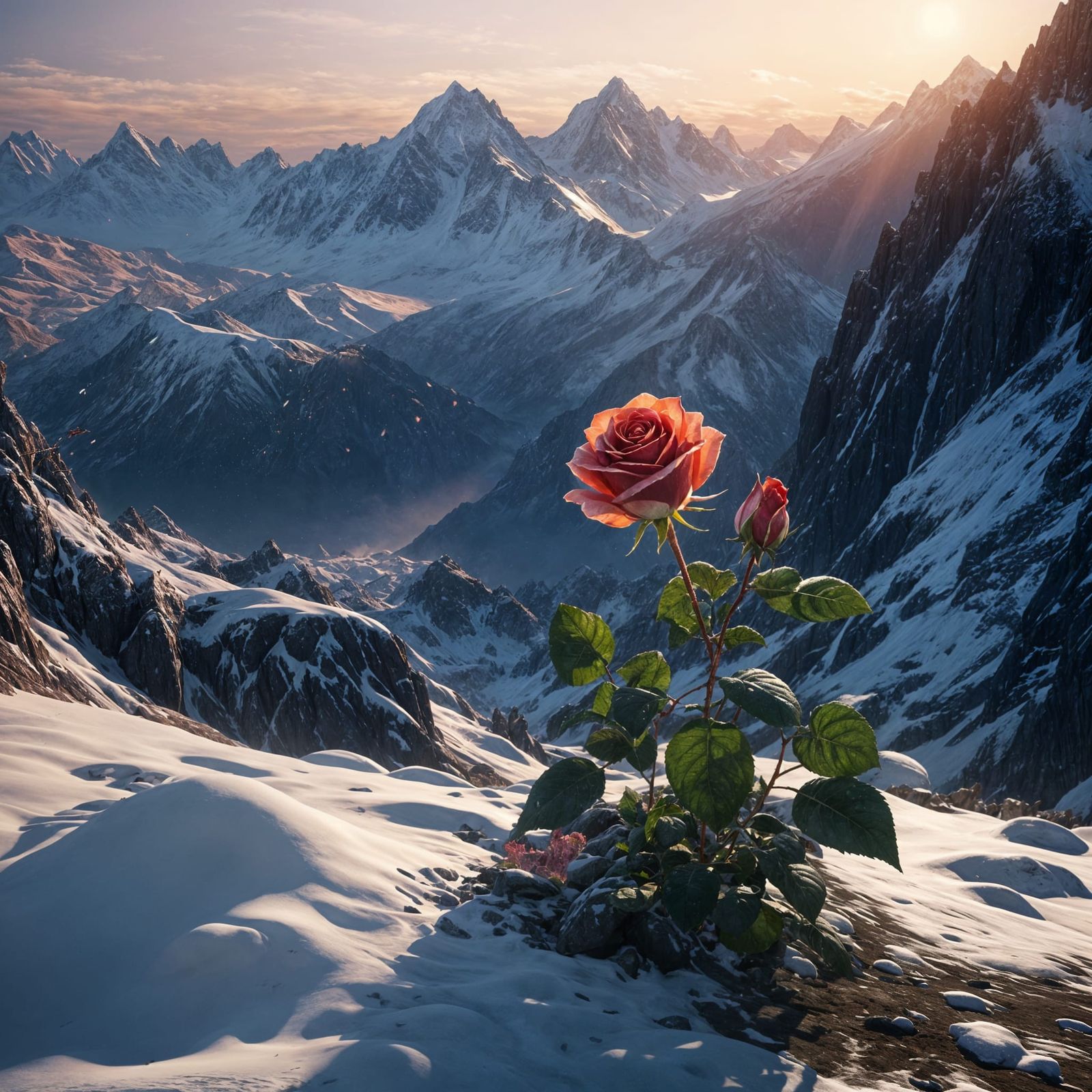 Sunrise Amidst Snowy Mountains with a Bird and Rose