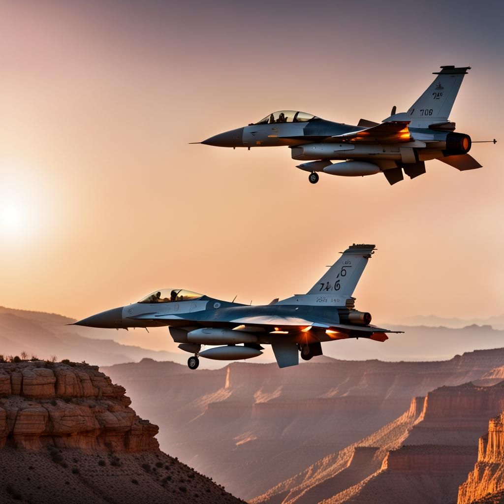 F16 Fighter Plane in Canyon Sunset Battle