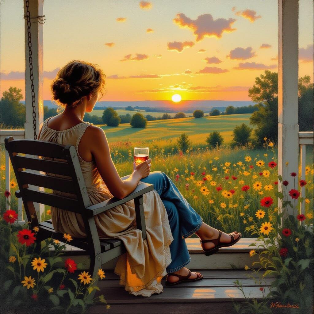 Woman on Porch Swing at Sunset, Rockwell Style