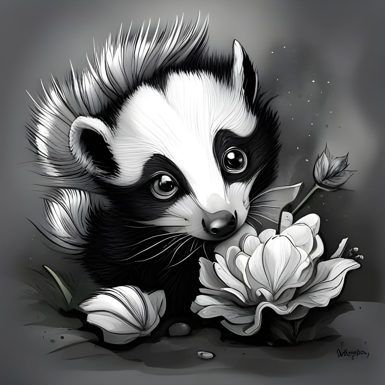 Adorable Skunk with Flower in Watercolor Style