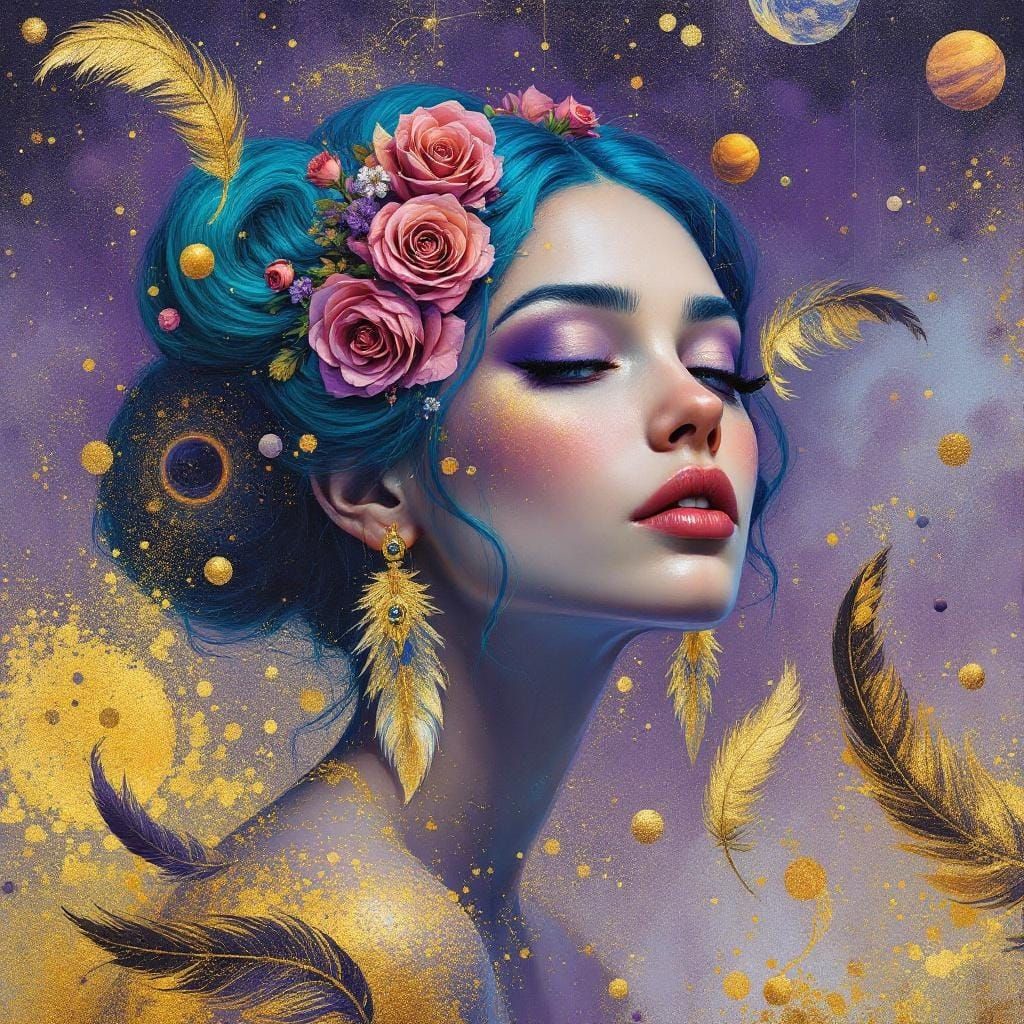 Surreal Metallic Figure in Deep Space, Divisionist Style