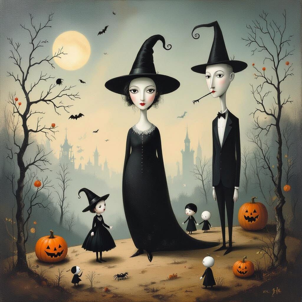 Surreal Halloween Dreamscape with Elongated Figures