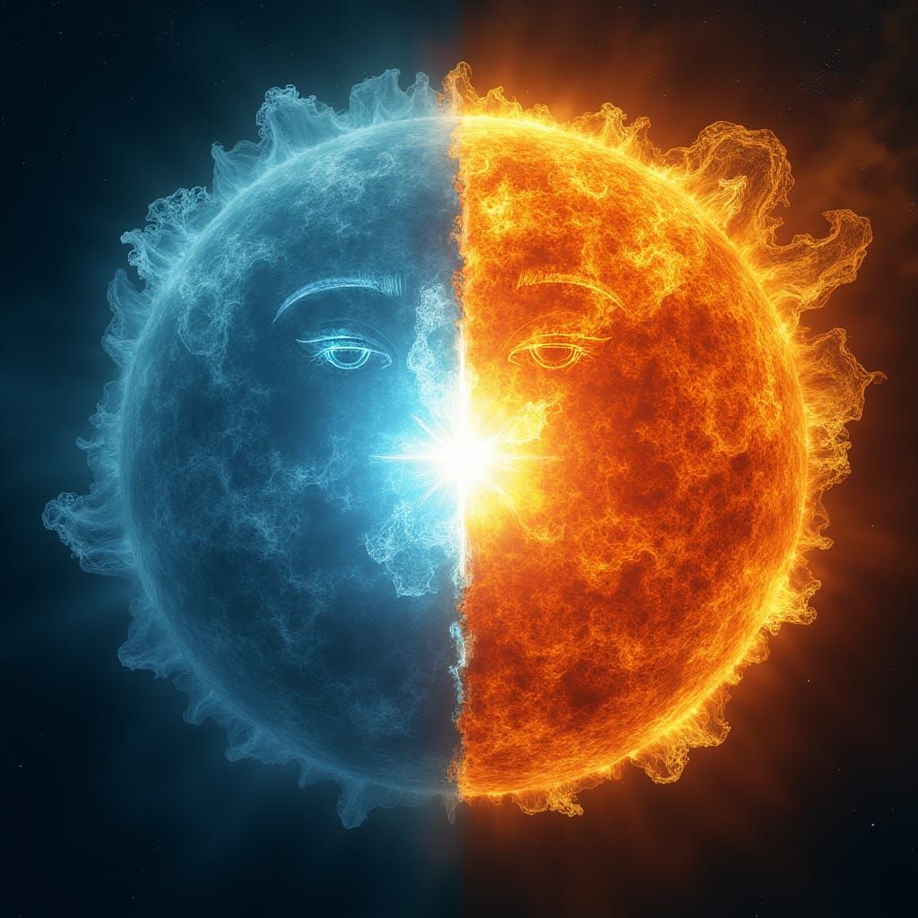 Celestial Dance: Icy Blue and Fiery Orange Suns