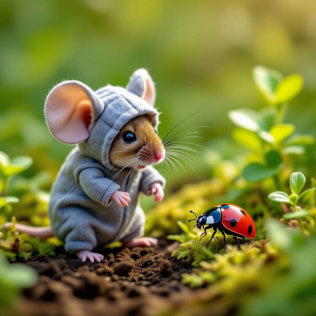 Mouse in Elephant Costume Intimidates Ladybug in Garden