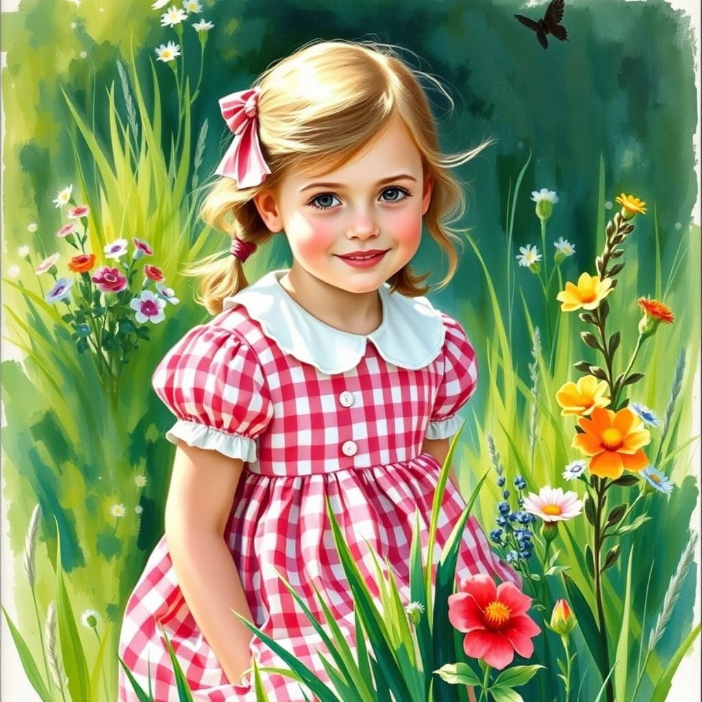 Whimsical Young Girl in Pink Gingham Dress Amidst Wildflower...