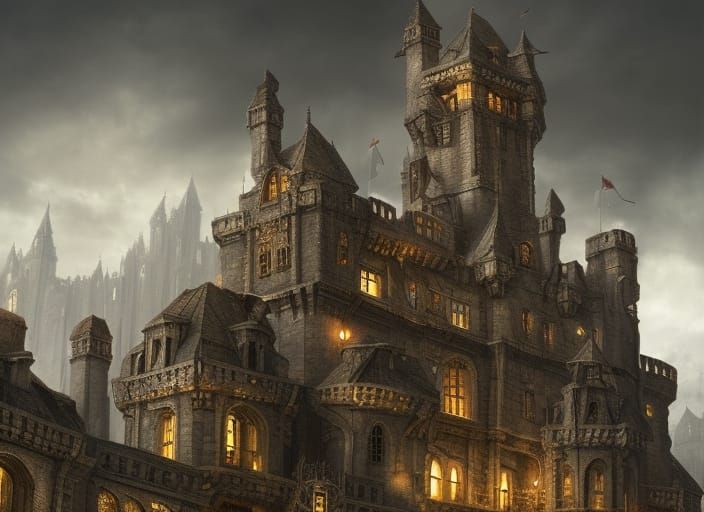 Medieval Castle with Gargoyles in Dark Fantasy Style