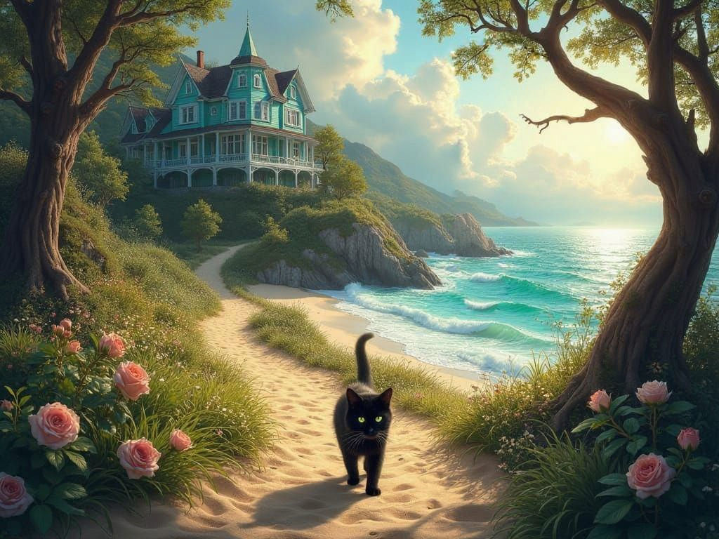 Cute Black Cat on Steep Slope to Beach with Turquoise Mansio...