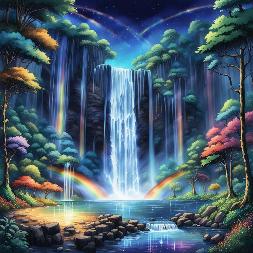 Anime Rainbow Falls at Night
