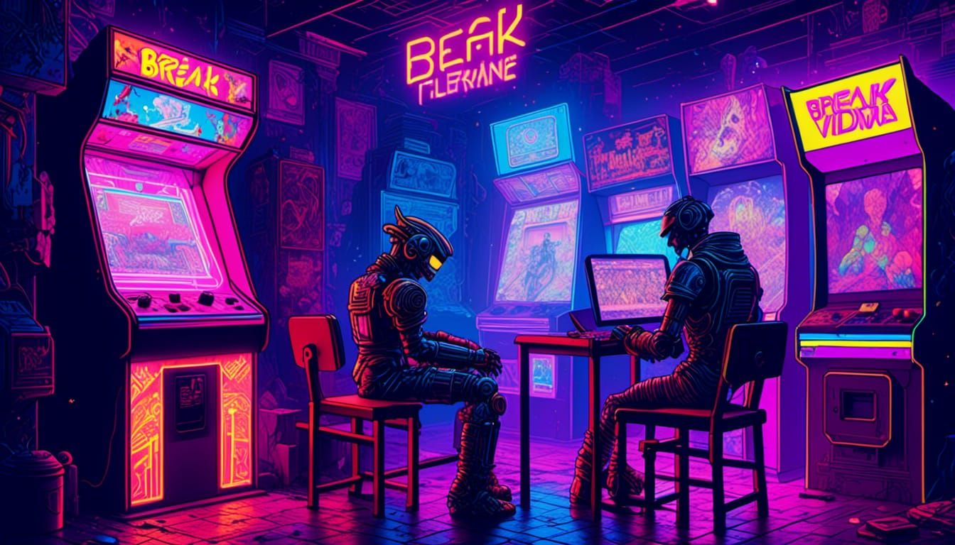 Robot in Neon 80s Arcade Contemplates Game