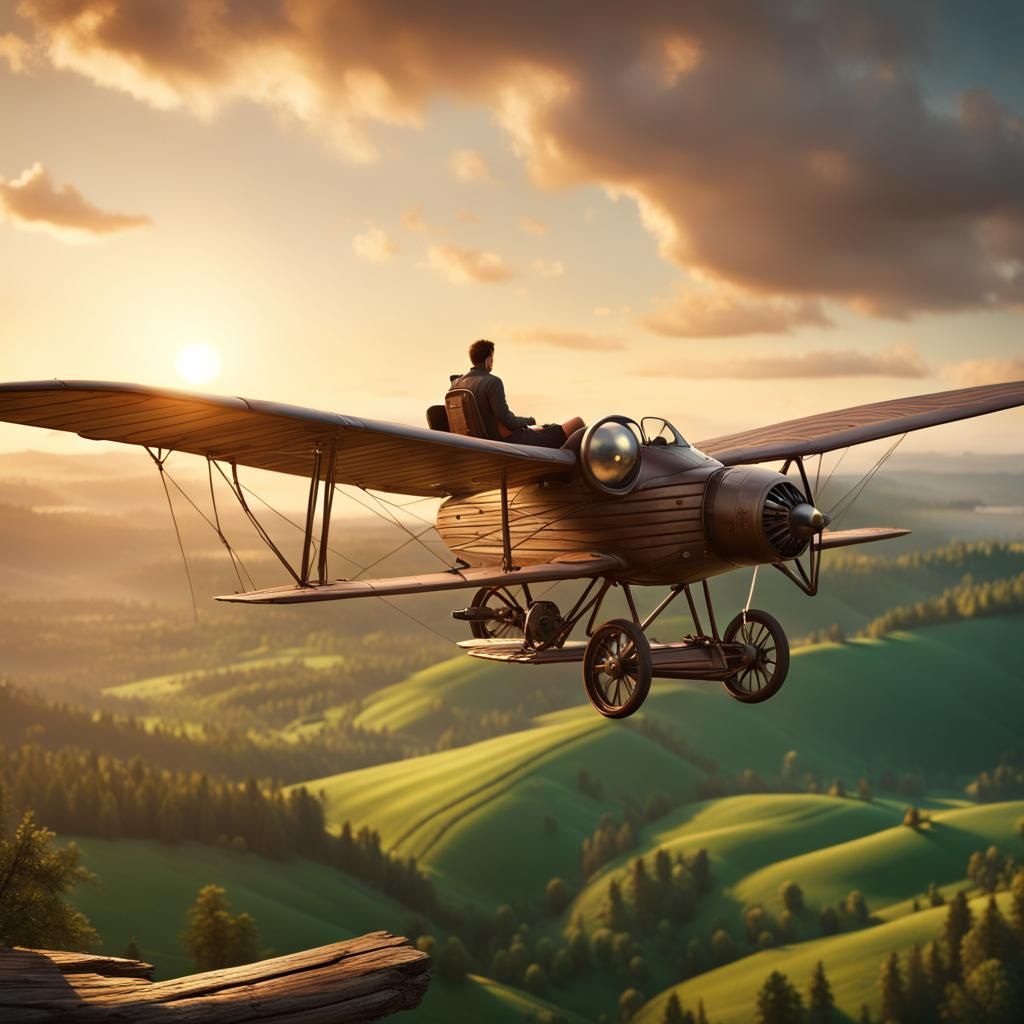 Man Gliding into Sunset over Green Valley