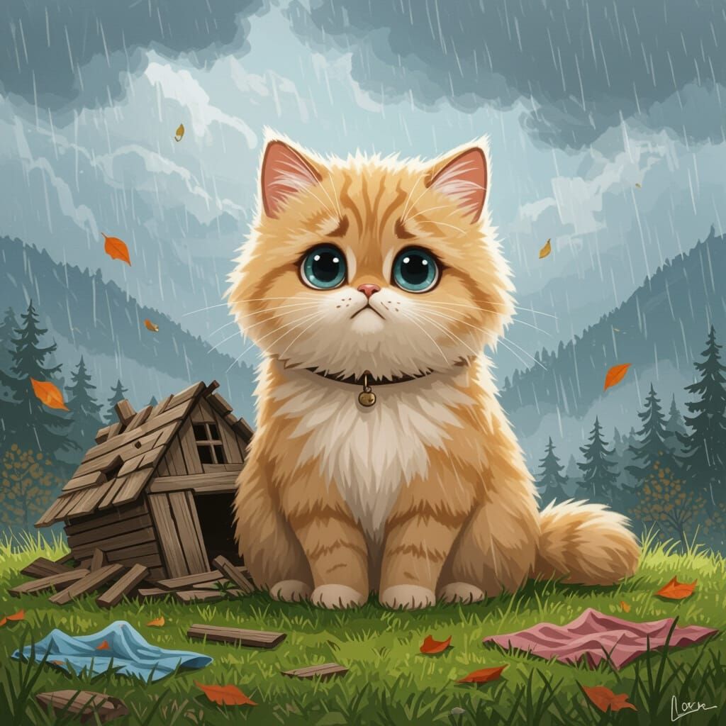 Sad Cat in Ruins: Whimsical, Pastel Art