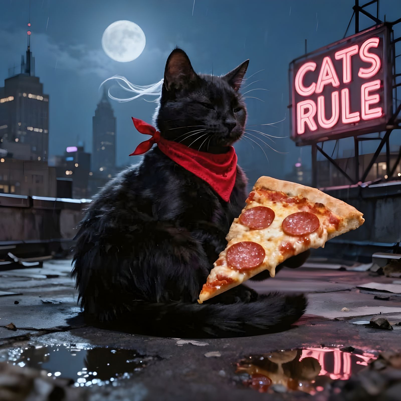 Hyper-realistic Black Cat on NYC Rooftop in Moonlight