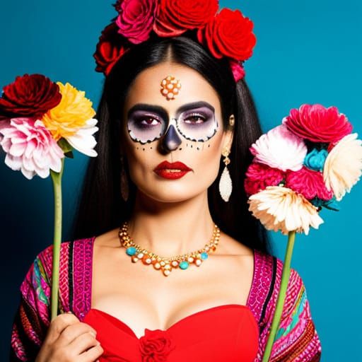 Salma Hayek in Día de Muertos Makeup, Frida Kahlo Style