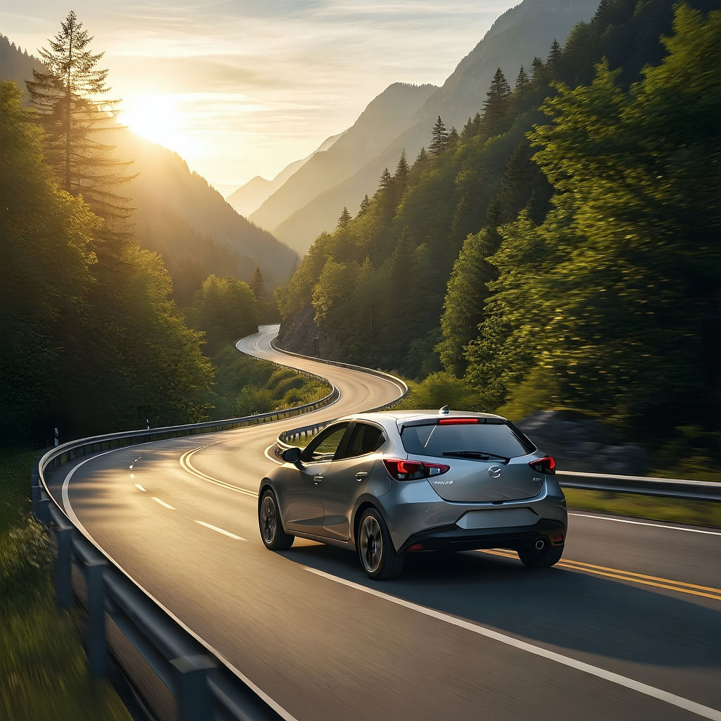 Sleek Mazda 2 on Highway at Sunset