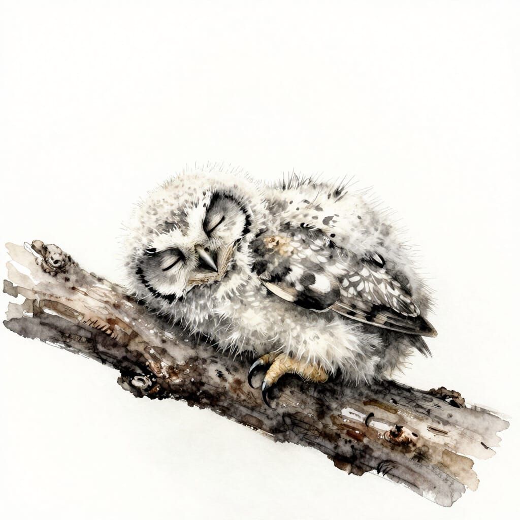 Fluffy Owl Chick Napping in Watercolor Dawn Haze