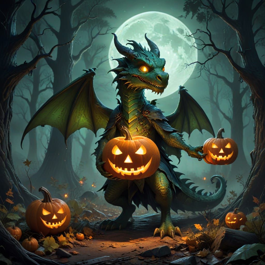 Friendly Green Dragon in Witch Costume with Jack-o'-lantern