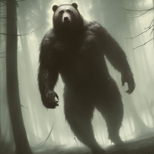 Human Bear Monster in Dark Fantasy Forest