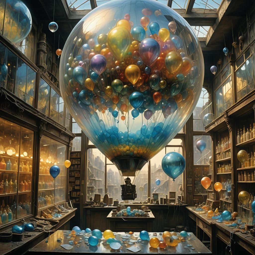 Balloon Bouncing in Glass Store, Oil Painting Style