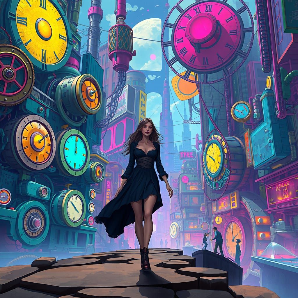 Surreal Cityscape with Clockwork Machinery in Dreamlike Styl...