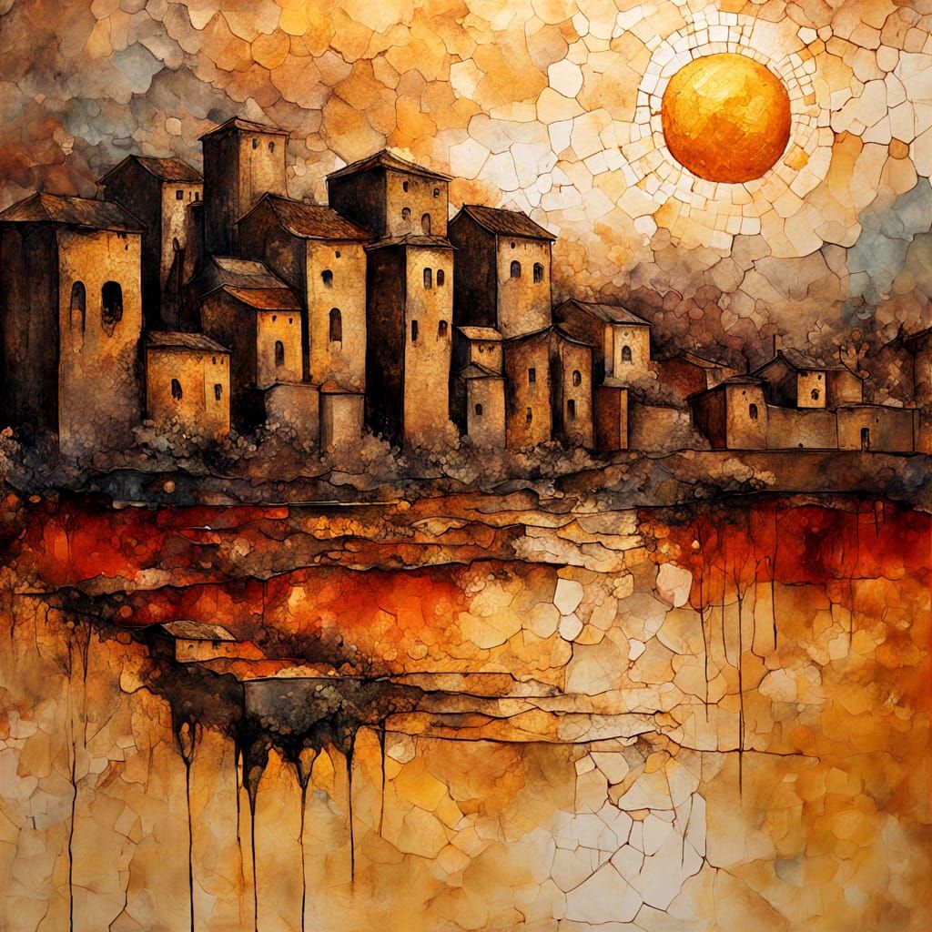 Surrealist Cityscape in Warm, Earthy Tones with Thick Textur...