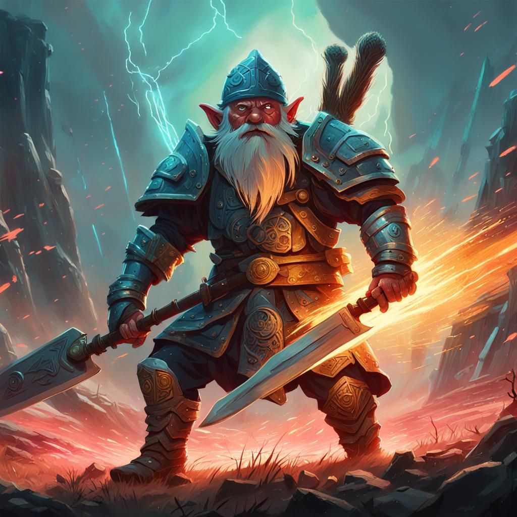 Gnome Warrior in Battle Armor with Glowing Sword