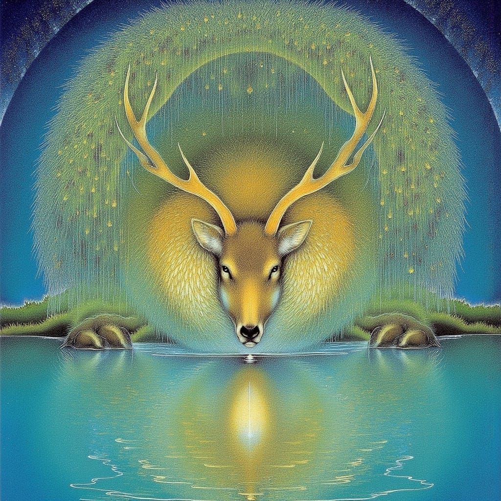 <lora:Archetypal Imagery:1.0> Watercolor masterpiece painting of a deer drinking from a lake with a weeping willow tree....
