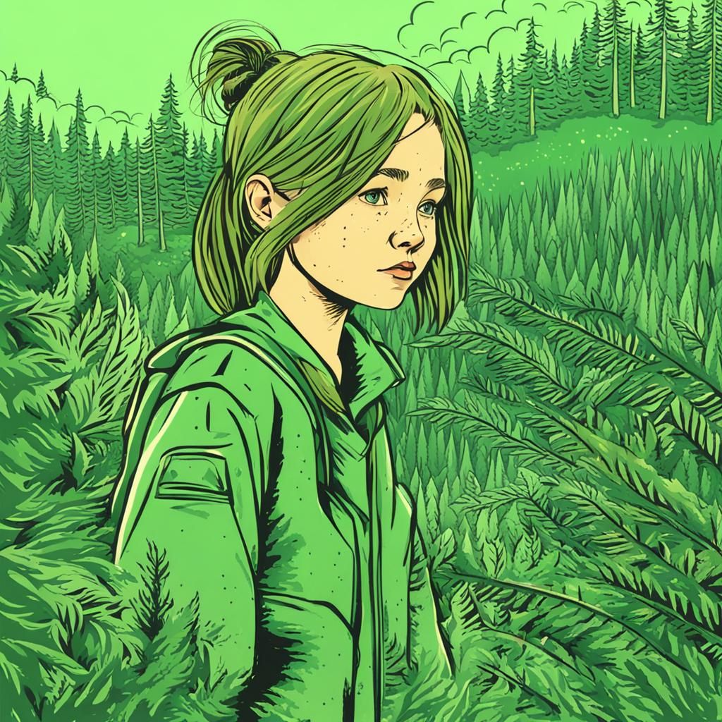 Girl in Forest Gazing at Green Planet