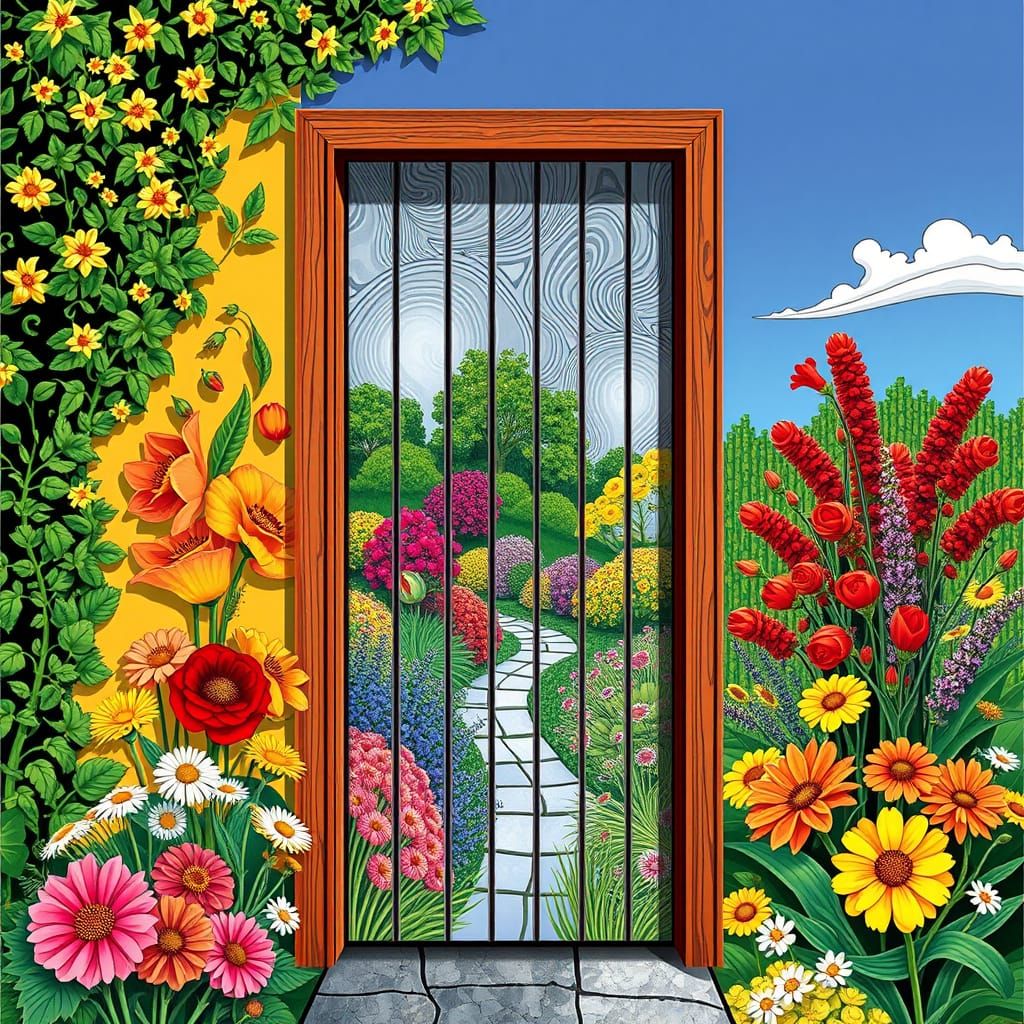 Summer Garden Landscape on Square Door: Abstract Art