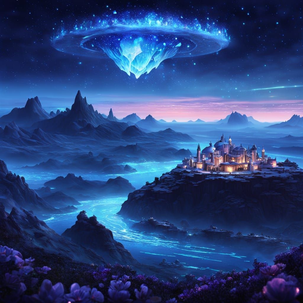 Dreamlike Starlit City of Floating Islands at Night